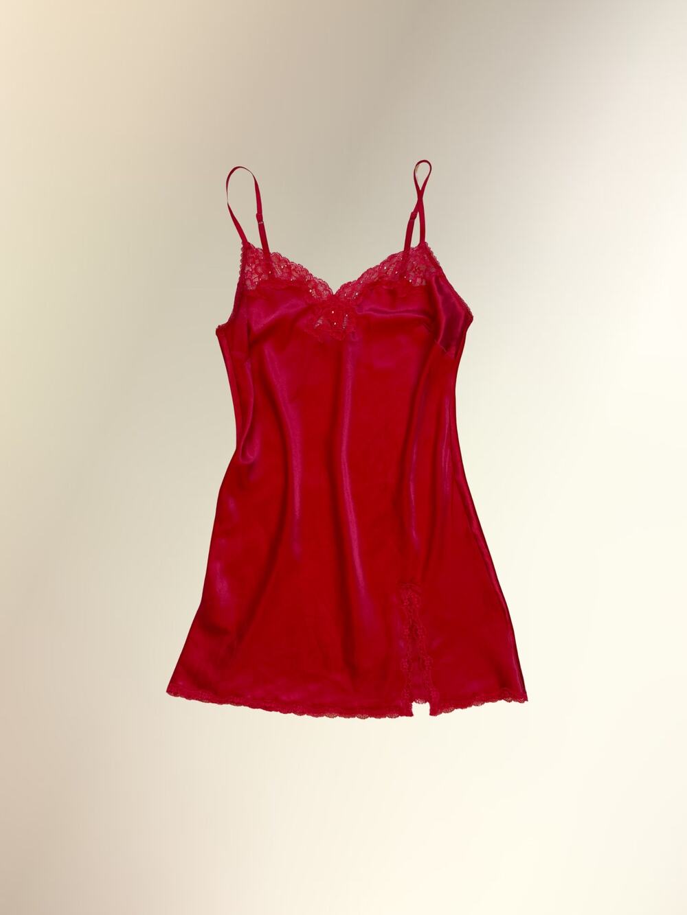 Victoria's Secret Red Satin Lace Trim Slip Dress Chemise Lingerie Sz M